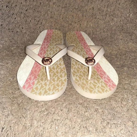 MICHAEL KORS-Flip Flops/Thongs Sandals-Warm Beige-Rose Gold Logo-Sz 10-Excellent - Picture 3 of 7